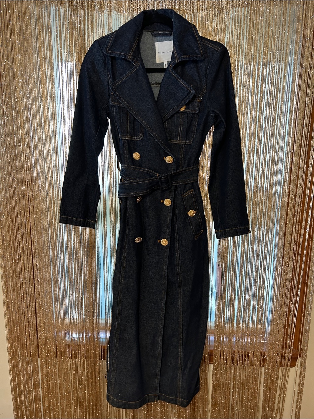 Dark Denim Trench coat with Belt and gold buttons.